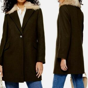 TopShop Monica Olive Faux Fur Colar Trench Coat NWT